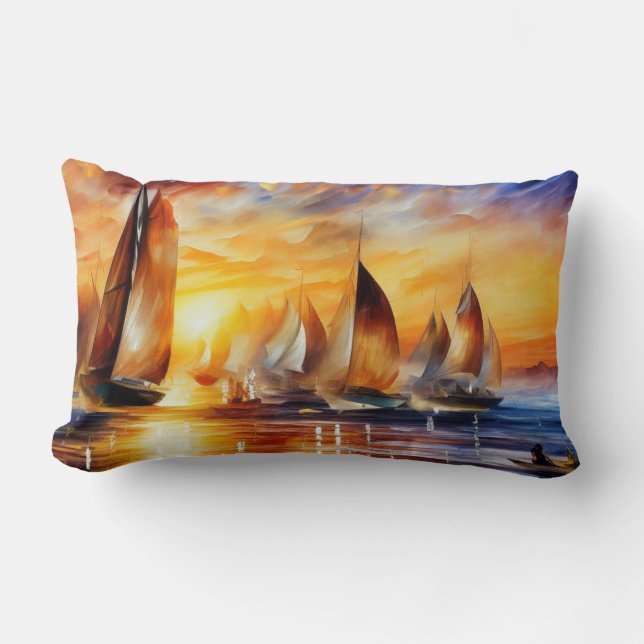 Segelbåtar tävling abstrakt, modern blå röd sol lumbarkudde (Framsida)