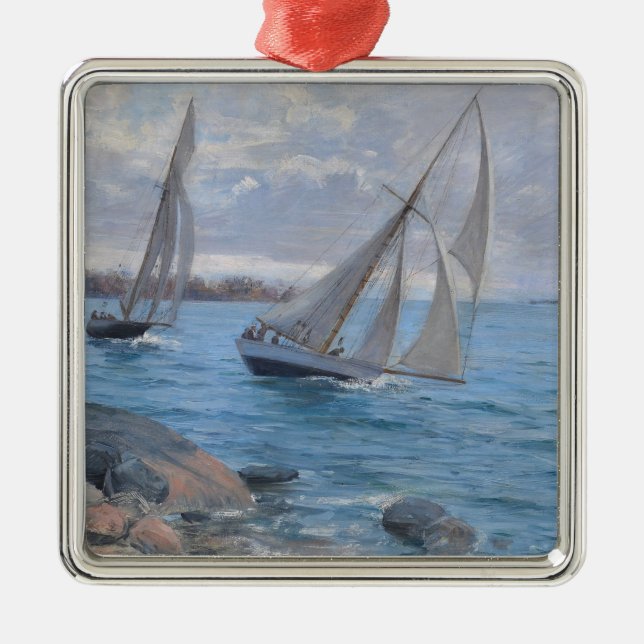 Segelbåtar vid floden julgransprydnad metall (Framsidan)