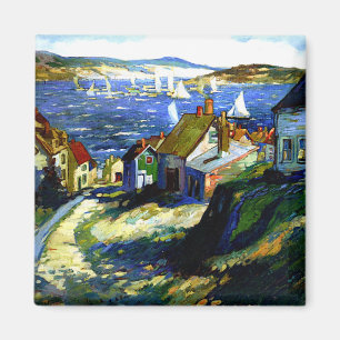 Segelbåtar vid hamnen, bra konsmålning, magnet