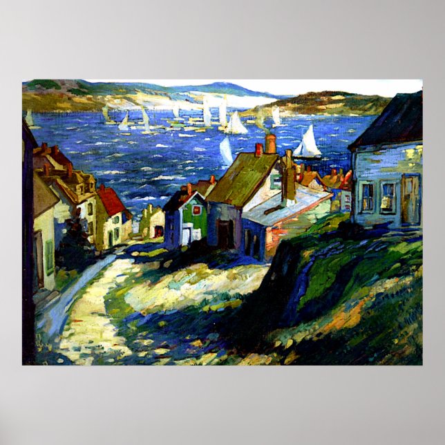 Segelbåtar vid hamnen, konsmålning av bra poster (Framsidan)