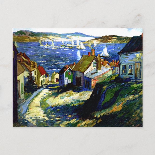 Segelbåtar vid hamnen, konsmålning av bra vykort (Framsida)