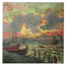 Segelbåtar vid kusten (av Kimon Loghi) Kakelplatta