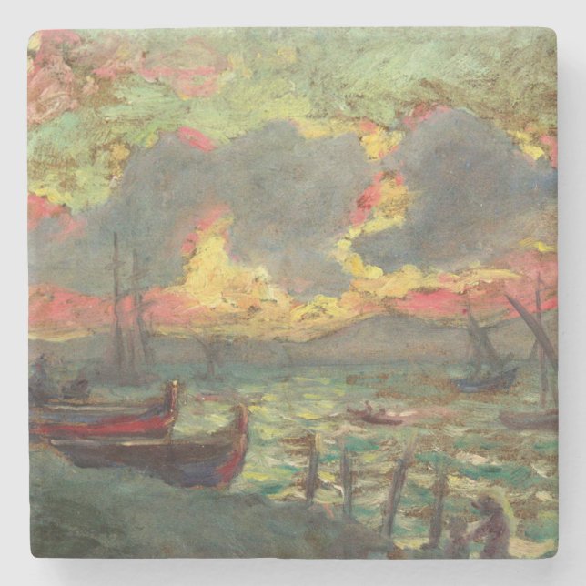 Segelbåtar vid kusten (av Kimon Loghi) Stenunderlägg (Framsidan)