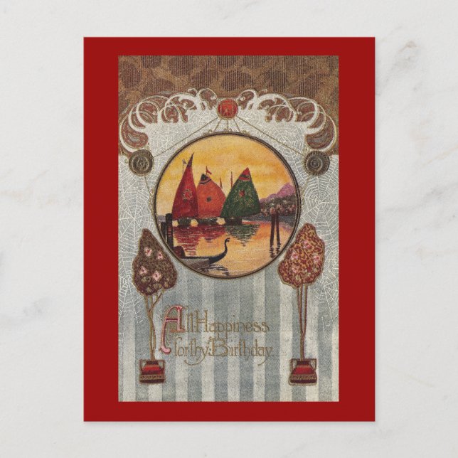 Segelbåtar Vignette Vintage Birthday Vykort (Framsida)