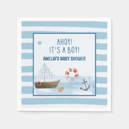 Segelbåten Ahoy har en blå babydusch. Pappersservett
