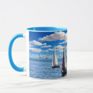 Segelbåten och hav beskådar blåttkaffemuggen mugg