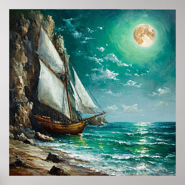 Segelbåtsankarplatser nära klippor poster (Framsidan)