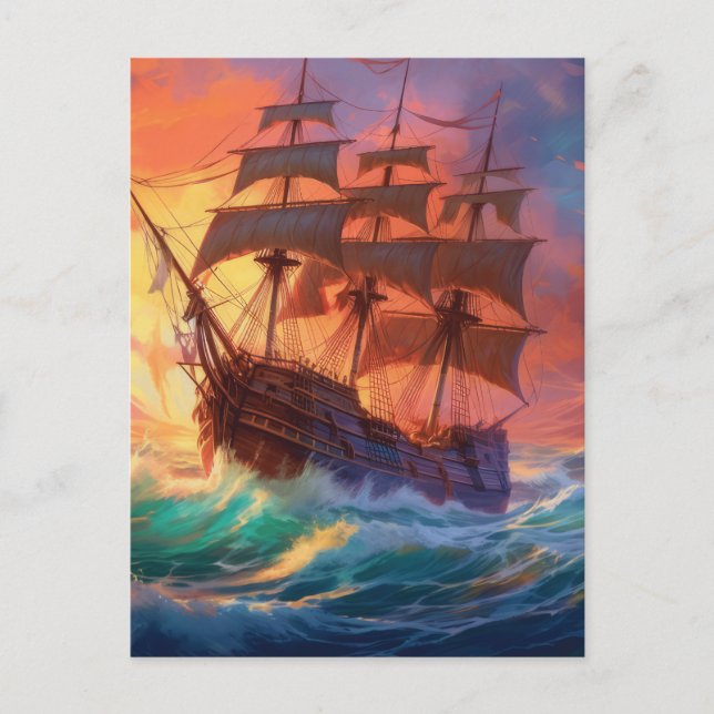 Segelfartyg på en stormig havsyta vykort (Framsida)