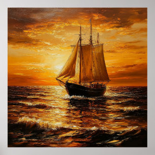 Segelfartyg vid solnedgång med gyllene himmel poster