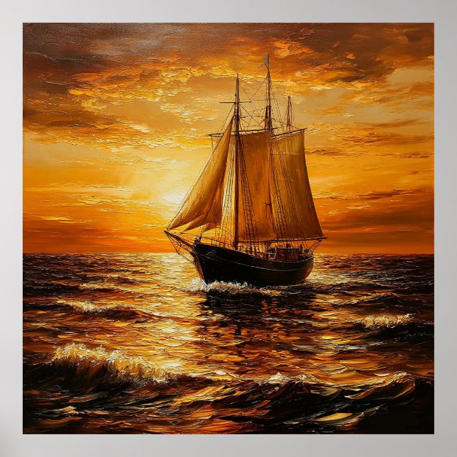 Segelfartyg vid solnedgång med gyllene himmel poster (Framsidan)