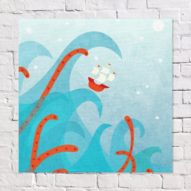Segelhavsmonster i Frakten Canvastryck (Sailing Boat and Sea Monster fun wall art)