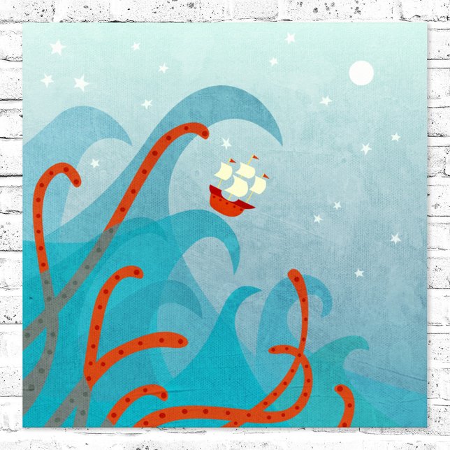 Segelhavsmonster i Frakten Poster (Sailing boat and sea monster poster for sailors and adventurers)