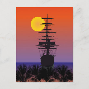 Segelschiff mit Sonnenaufgang Postkarte Vykort