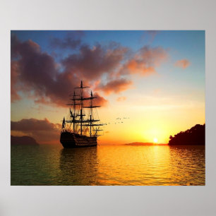 Segelsegel på sommarsolnedgång, romantiskt frakt poster