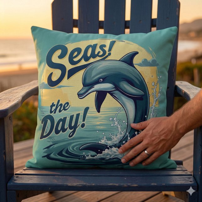 Segla dagen Retro Delfin Hav Estetik Kudde (Seas the Day Retro Dolphin Ocean Aesthetic Throw Pillow Mockup D)