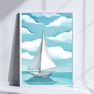 Segla i blått Akvarell Aqua Oceanvågor Poster