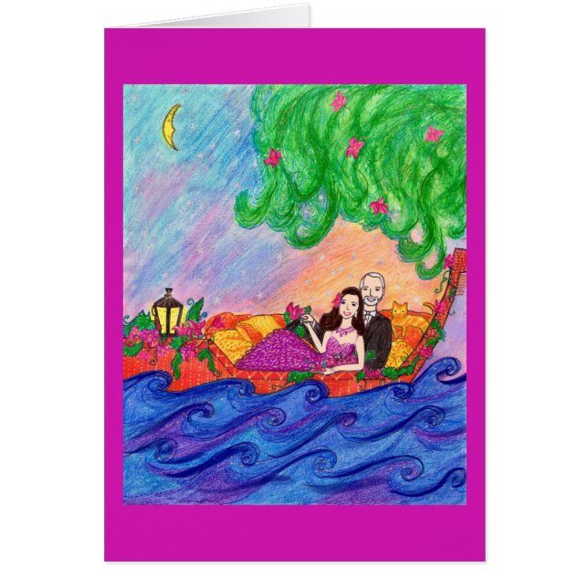 Segla in i solnedgångkortet med en katt hälsningskort (Framsidan)