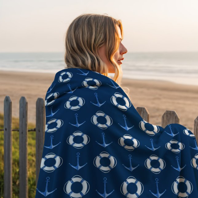 Segla iväg Navy båtankare + Livring  Fleecefilt (Sail Away Blanket Navy)