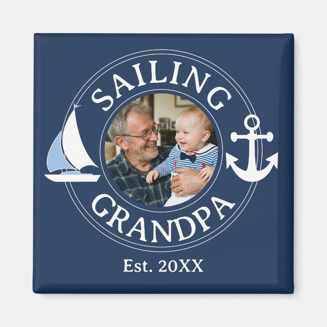 Seglande Farfar År Etablerat Marinblå Foto Magnet (Framsidan)