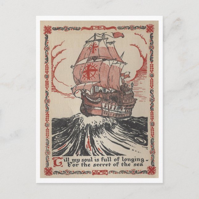 Seglande piratskepp Vintage bokillustration Vykort (Framsida)
