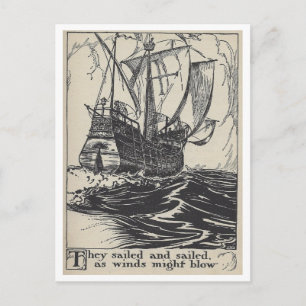 Seglande piratskepp Vintage bokillustration Vykort