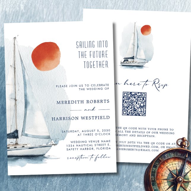 Seglar in i framtiden tillsammans nautiskt bröllop inbjudningar (Sailing Into The Future Together Sailboat Wedding Invitation 2)