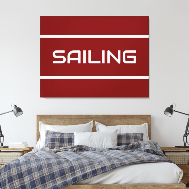 SEGLING Modern vit textränder på djupröd Canvastryck (Insitu (sovrum))