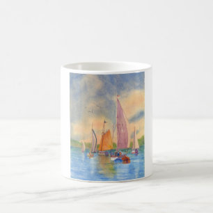 Segling, solnedgång, segelbåt, Boothbay Harbour Kaffemugg