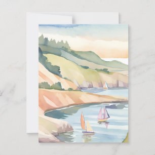 Segling Strand Rhode Island Hav Aquarell Vykort