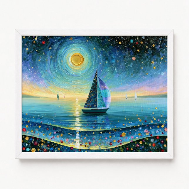 Segling under fullmåne Impasto-målning Poster (Sailing Under Full Moon Impasto Painting Poster)