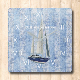 Segling Yacht Clock Blue och White Fyrkantig Klocka