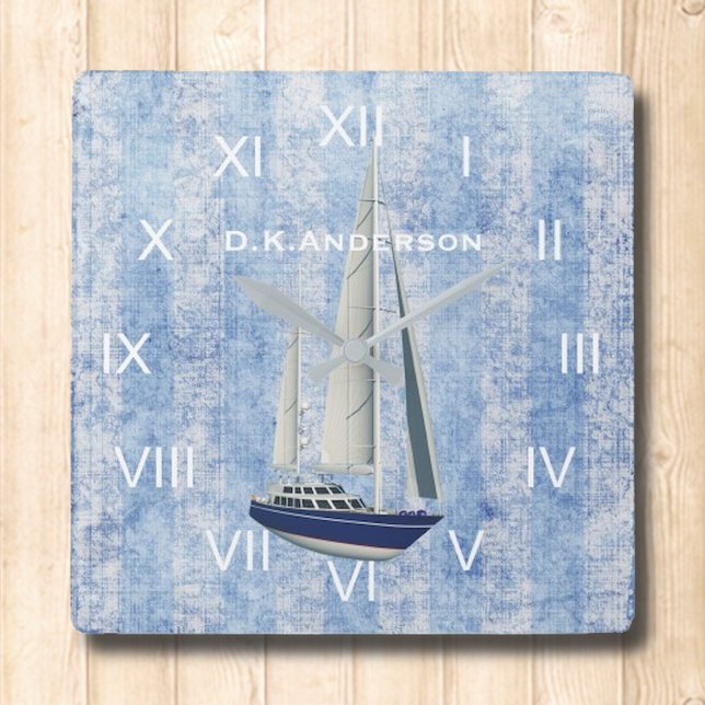 Segling Yacht Clock Blue och White Fyrkantig Klocka (Skapare uppladdad)
