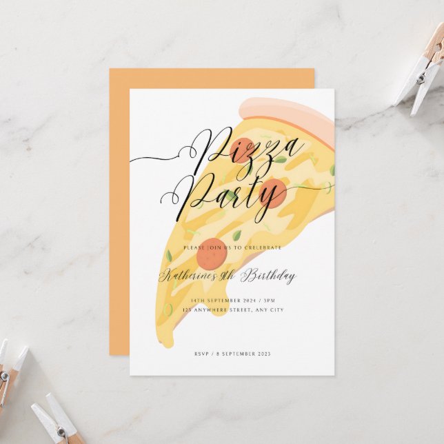 Segment av Roligt! Vattenfärg Pizza Party Birthday Inbjudningar (Fram/Back In Situ)