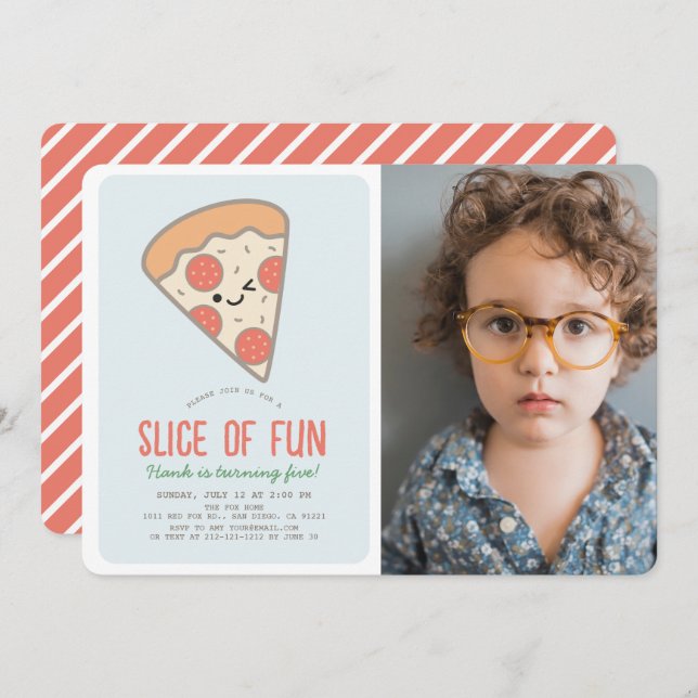 Segment av Roligten Pizza Kawaii Blue Photo Boy Bi Inbjudningar (Fram/baksida)