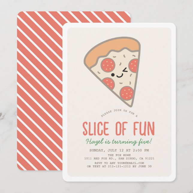 Segment av Roligten Pizza Party Kawaii Birthday Inbjudningar (Fram/baksida)