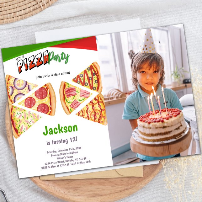 Segment Pizza-födelsedagsinbjudningar med foto Inbjudningar (Slices Pizza Birthday Invitations with photo)