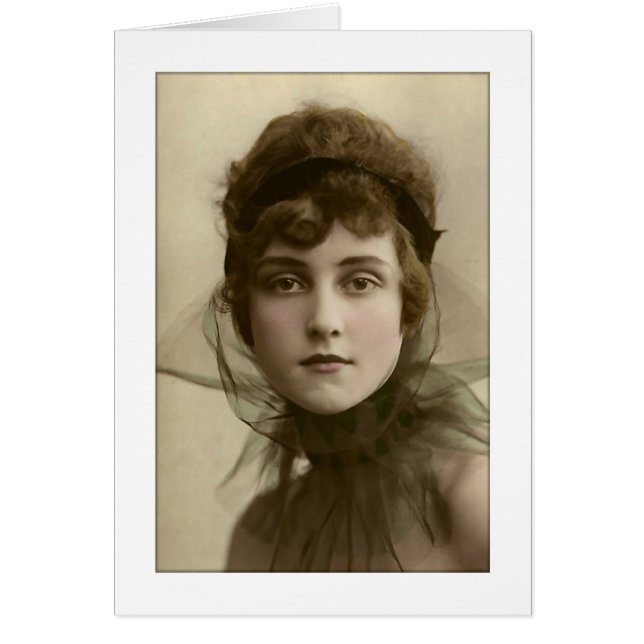 segrare dam, högkollär hälsningskort (Framsidan)