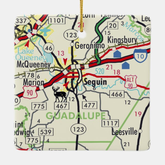 Seguin TX Road Karta Julgransprydnad Keramik (Baksida)