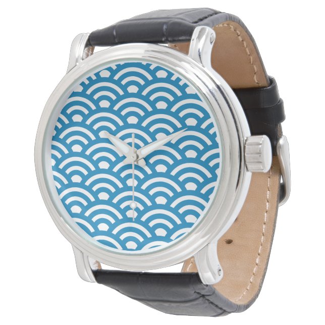 Seigaiha, Vågor, Japanska, Blå och Vit Armbandsur (Vinklad)