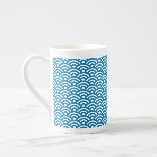 Seigaiha, Vågor, Japanska, Blå och Vit Benporslin Mugg (Vänster)
