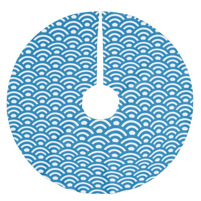 Seigaiha, Vågor, Japanska, Blå och Vit Julgransmatta Borstad Polyester (Framsidan)