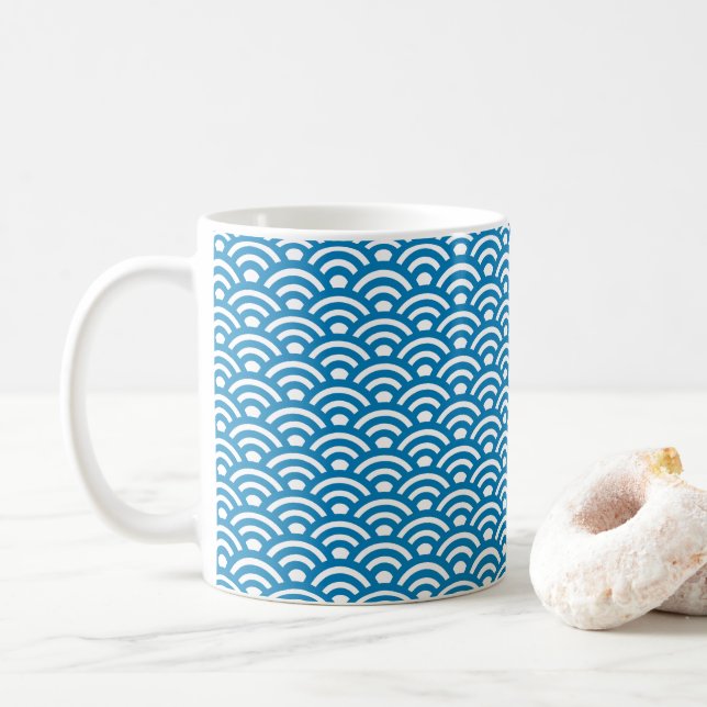 Seigaiha, Vågor, Japanska, Blå och Vit Kaffemugg (Med munk)