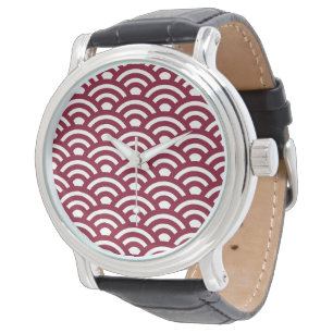 Seigaiha, Vågor, Japanska, Burgundy och Vit Armbandsur