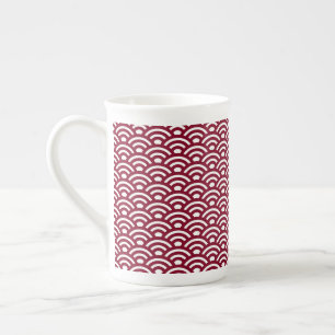 Seigaiha, Vågor, Japanska, Burgundy och Vit Benporslin Mugg