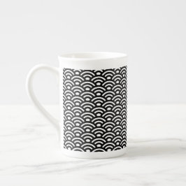 Seigaiha, Vågor, Japanska, Svart och Vitt Benporslin Mugg