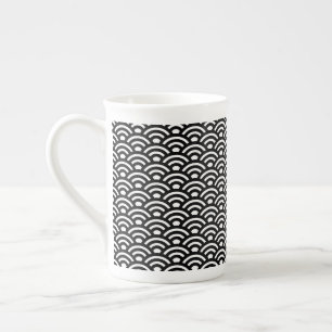 Seigaiha, Vågor, Japanska, Svart och Vitt Benporslin Mugg