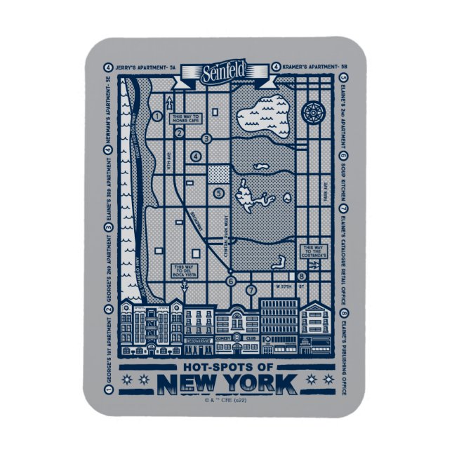 Seinfeld | Hett Spots of New York Karta Magnet (Vertikal)