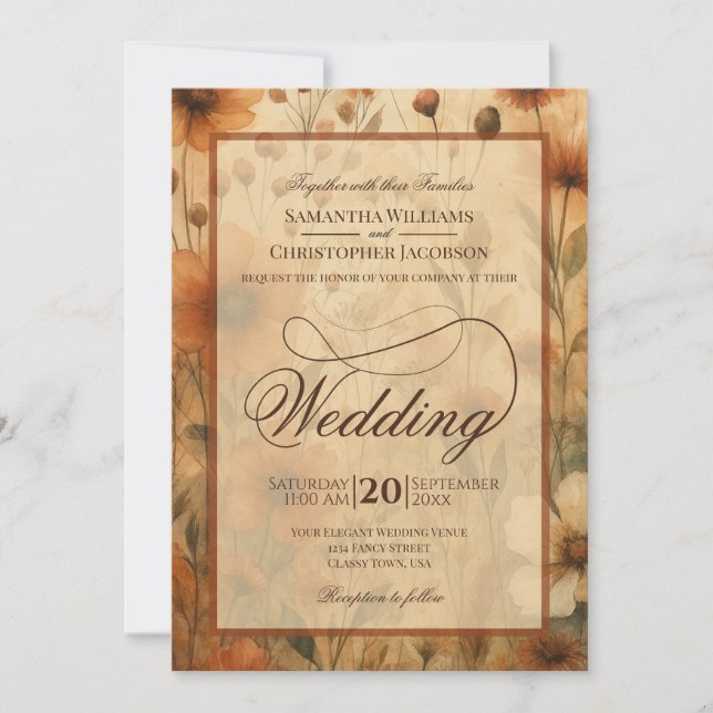 Seinna Boho Wildflowers Fancy Script Bröllop Inbjudningar (Framsida)