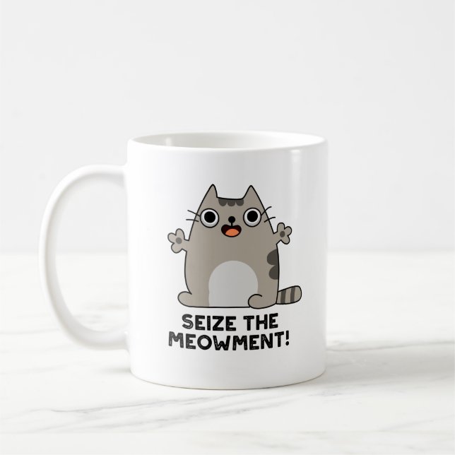Seize the Meow-Positive Cat Pun Kaffemugg (Vänster)