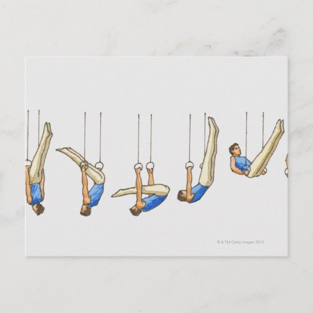 Sekvens på illustrationer som visar manlig gymnast vykort (Framsida)